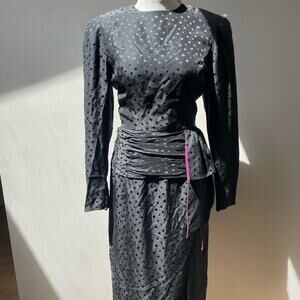 80's Vintage Maggy London 100% Silk Midi Length Black Polka Dot Dress Women's 10